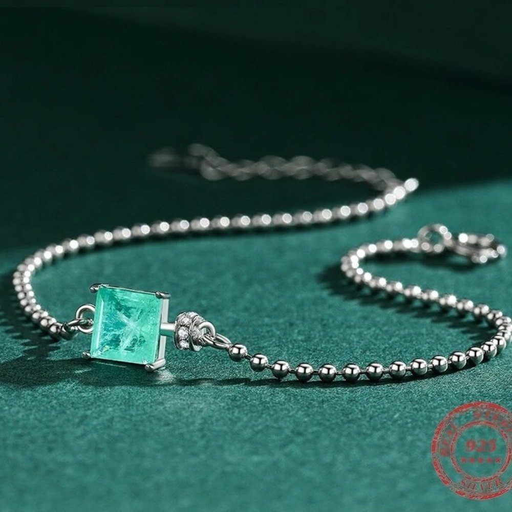 NEW S925 Sterling Silver Blue Paraiba Tourmaline Gemstone Adjustable Bracelet